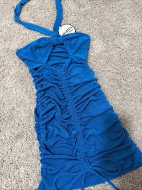 Shimmery Royal Blue Ruched Halter Mini Dress